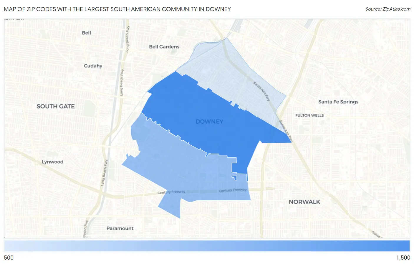 Zip Codes with the Largest South American Community in Downey Map