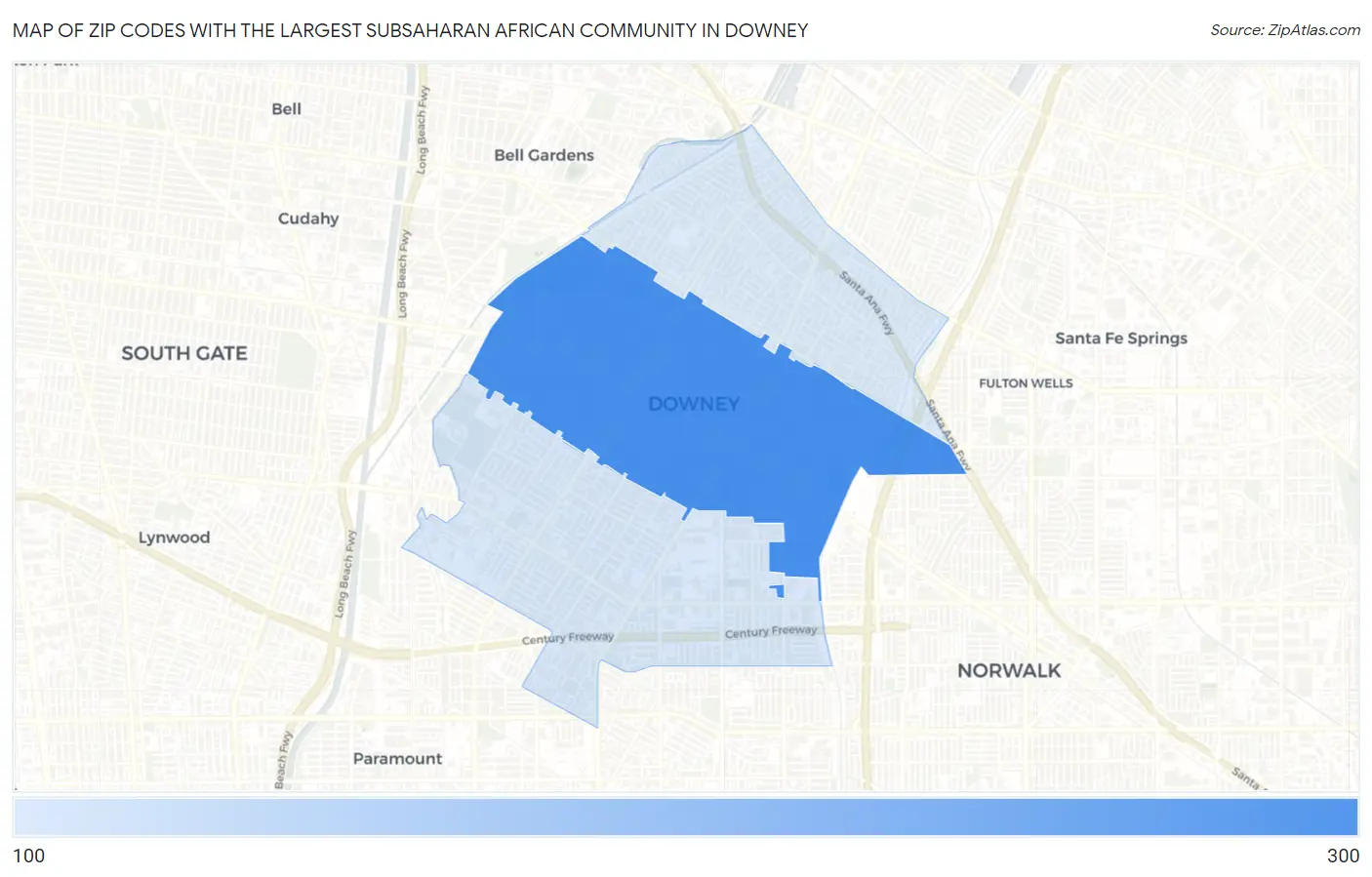 Zip Codes with the Largest Subsaharan African Community in Downey Map