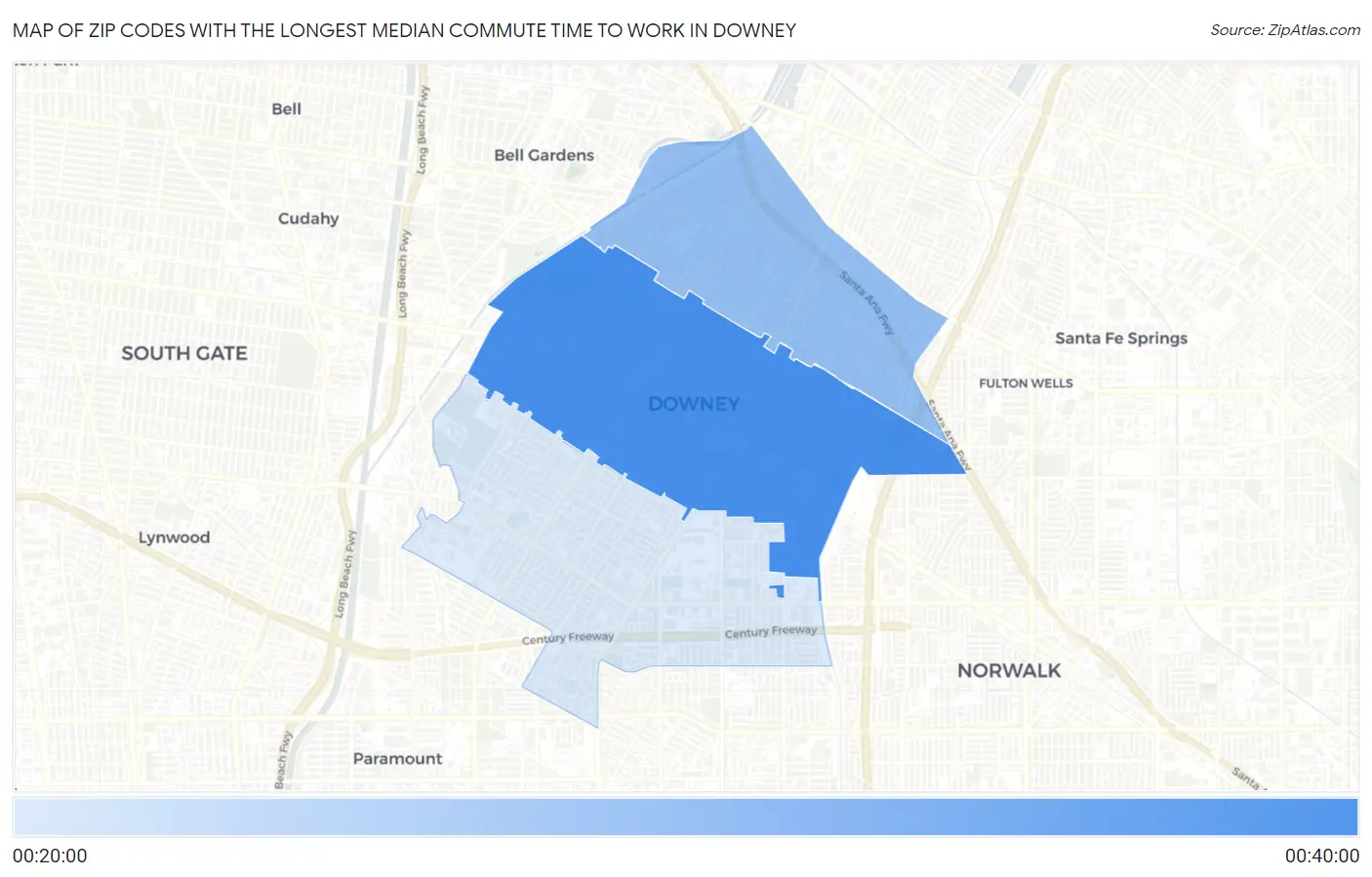 Zip Codes with the Longest Median Commute Time to Work in Downey Map