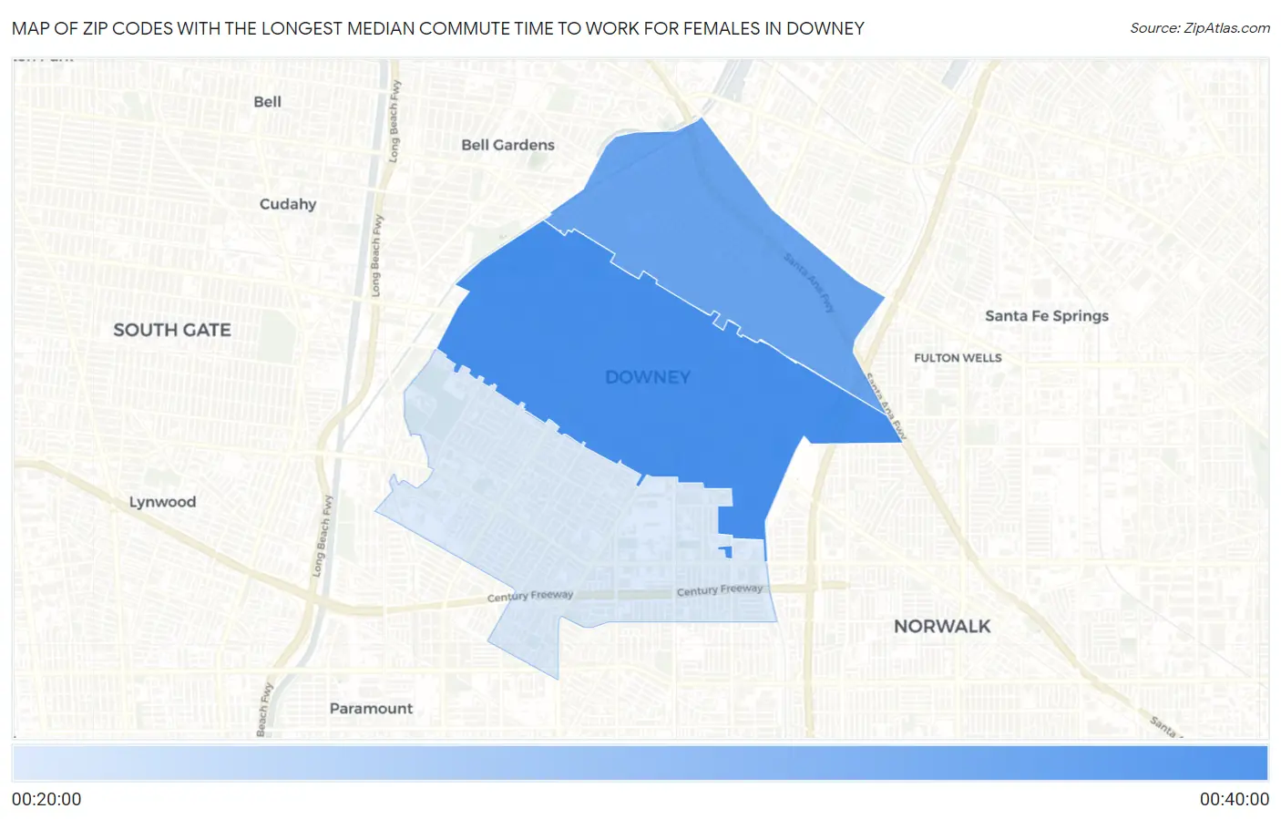Zip Codes with the Longest Median Commute Time to Work for Females in Downey Map