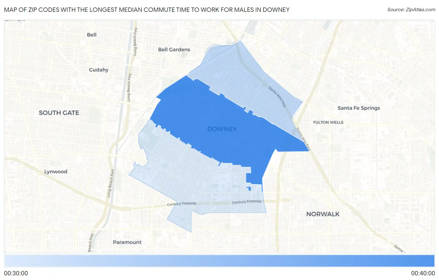 Zip Codes with the Longest Median Commute Time to Work for Males in Downey Map