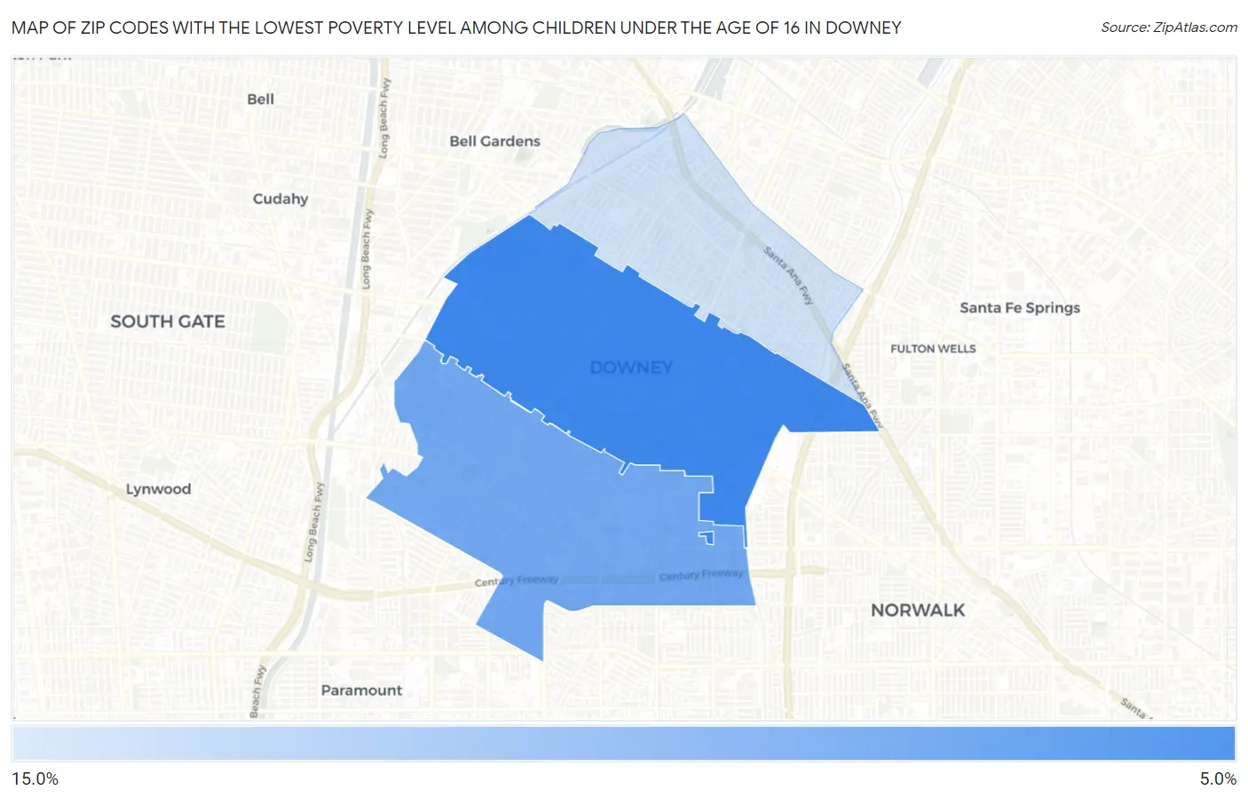 Zip Codes with the Lowest Poverty Level Among Children Under the Age of 16 in Downey Map