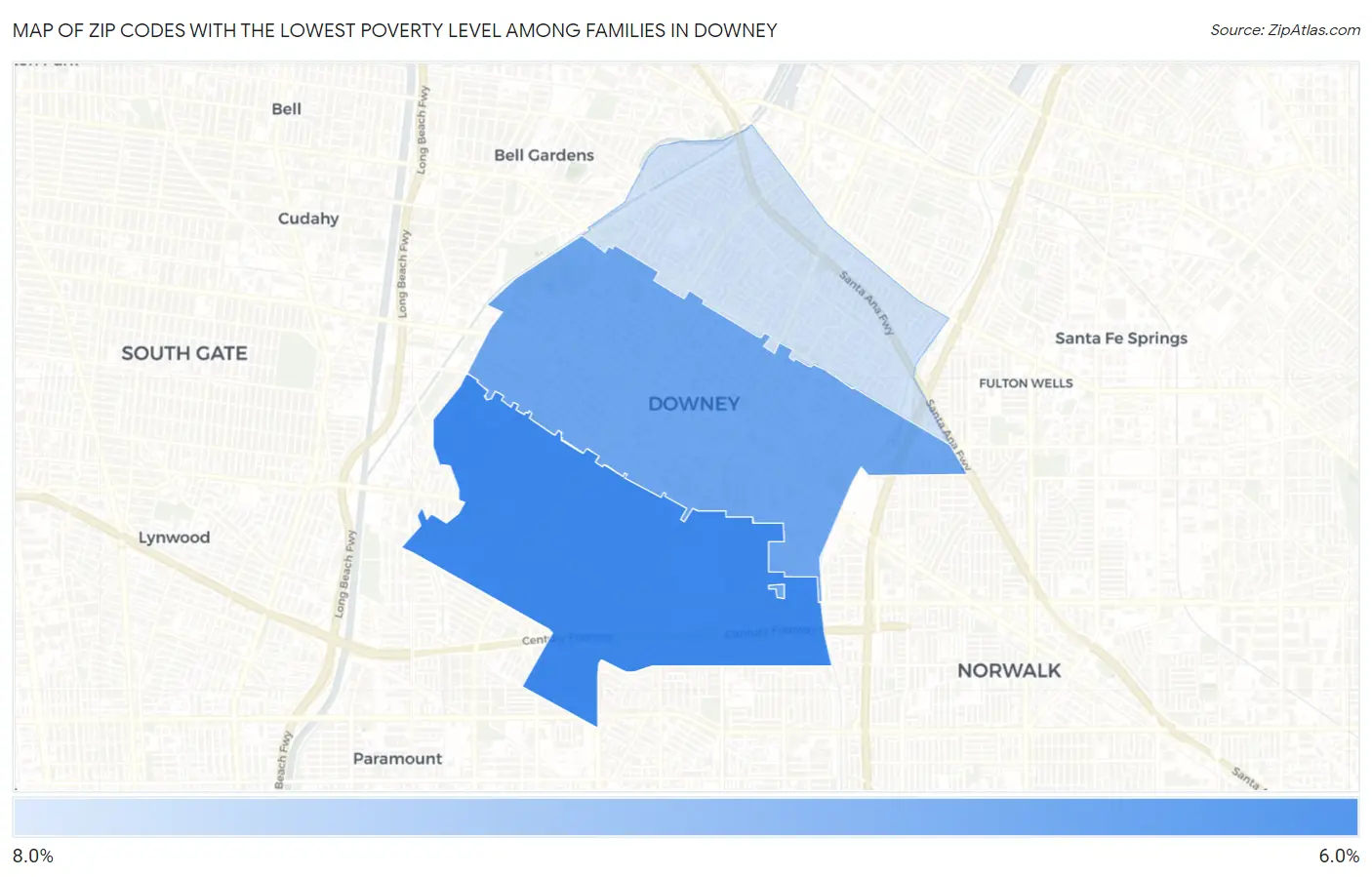 Zip Codes with the Lowest Poverty Level Among Families in Downey Map