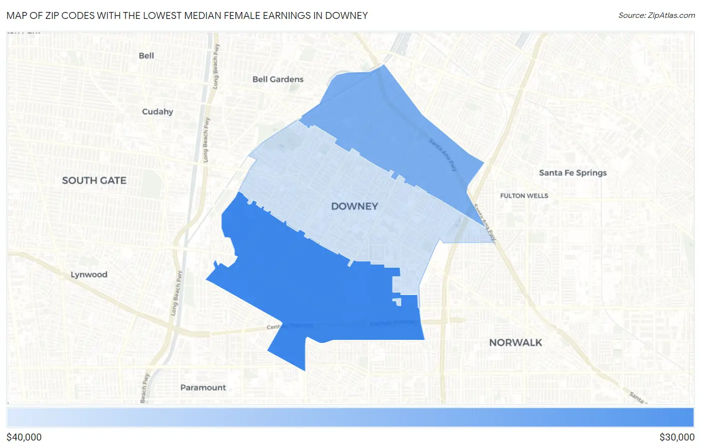 Zip Codes with the Lowest Median Female Earnings in Downey Map