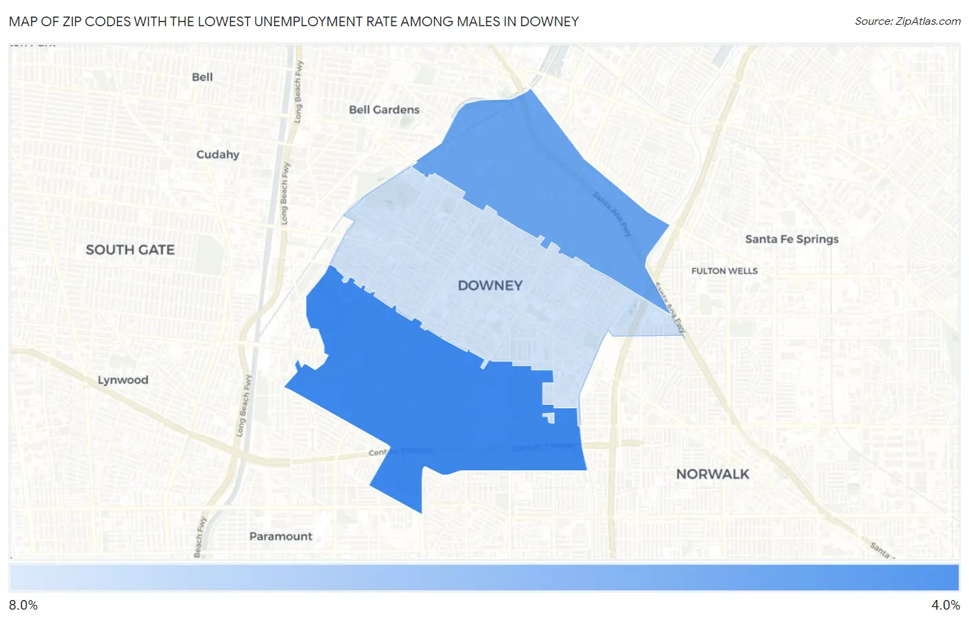 Zip Codes with the Lowest Unemployment Rate Among Males in Downey Map