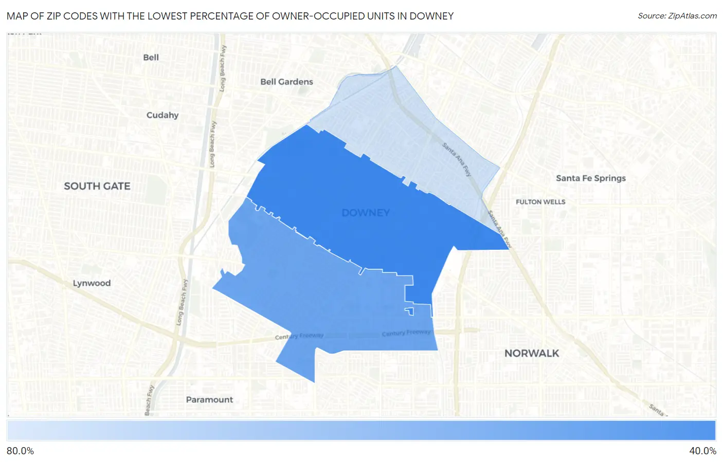 Zip Codes with the Lowest Percentage of Owner-Occupied Units in Downey Map