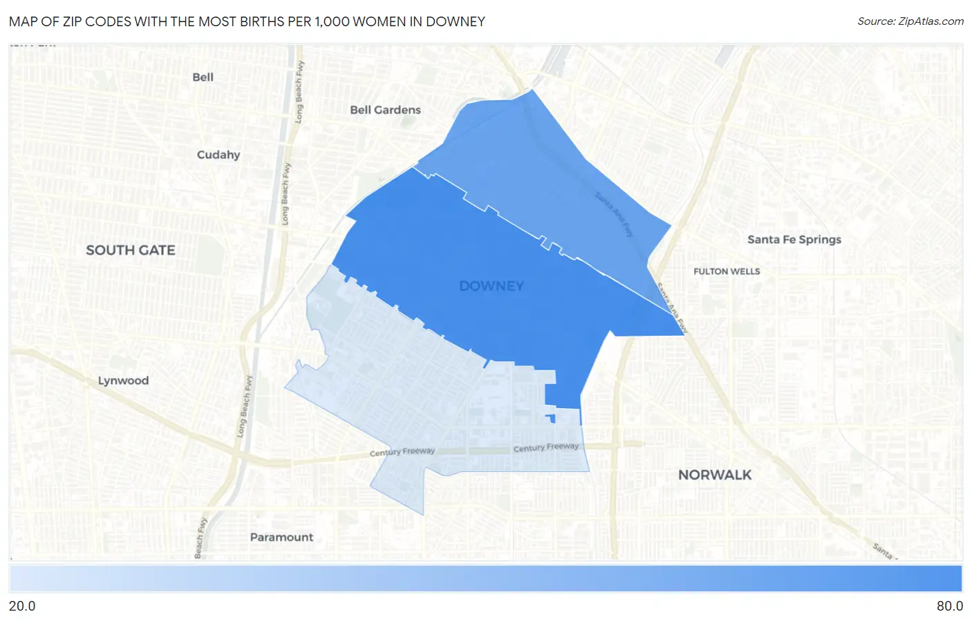 Zip Codes with the Most Births per 1,000 Women in Downey Map