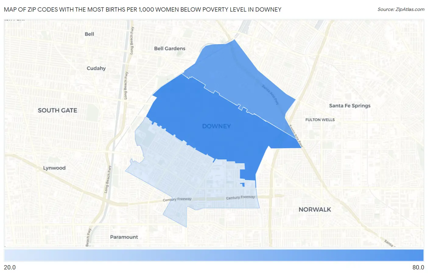 Zip Codes with the Most Births per 1,000 Women Below Poverty Level in Downey Map