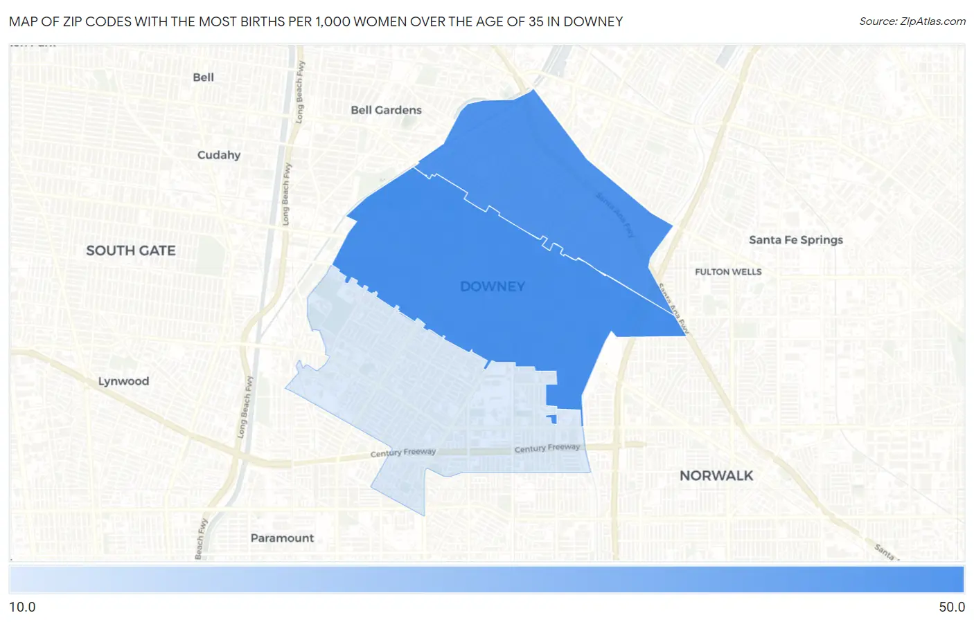 Zip Codes with the Most Births per 1,000 Women Over the Age of 35 in Downey Map