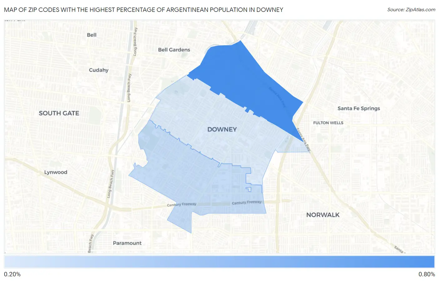 Zip Codes with the Highest Percentage of Argentinean Population in Downey Map