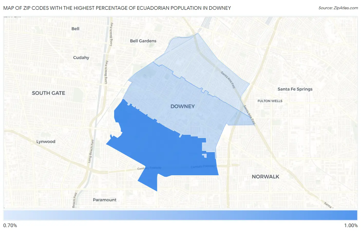 Zip Codes with the Highest Percentage of Ecuadorian Population in Downey Map