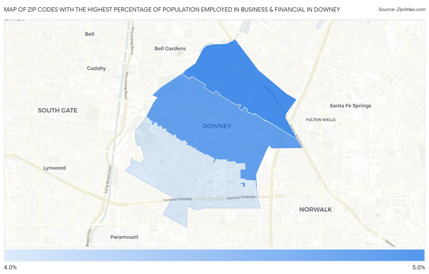 Zip Codes with the Highest Percentage of Population Employed in Business & Financial in Downey Map