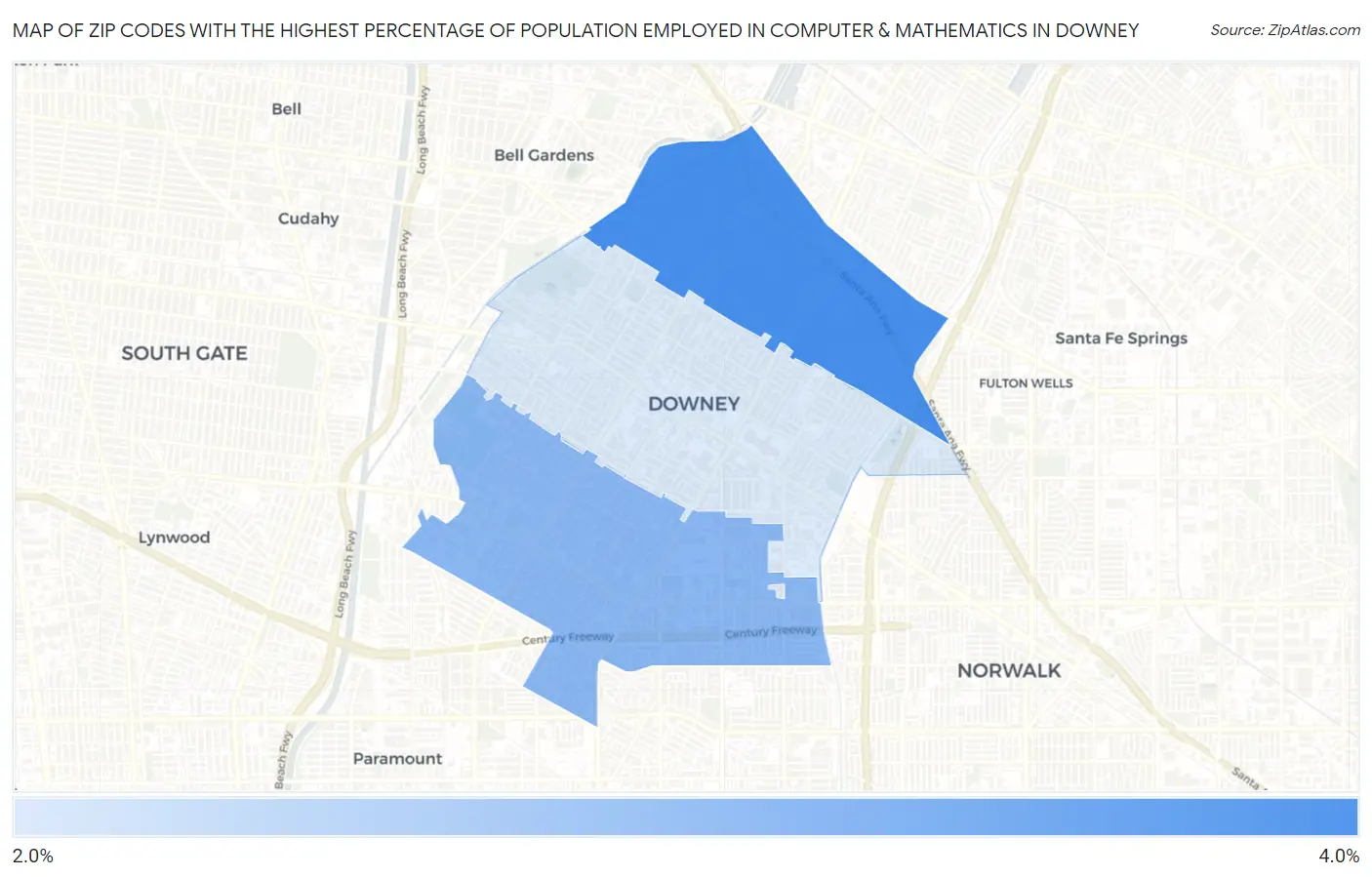 Zip Codes with the Highest Percentage of Population Employed in Computer & Mathematics in Downey Map