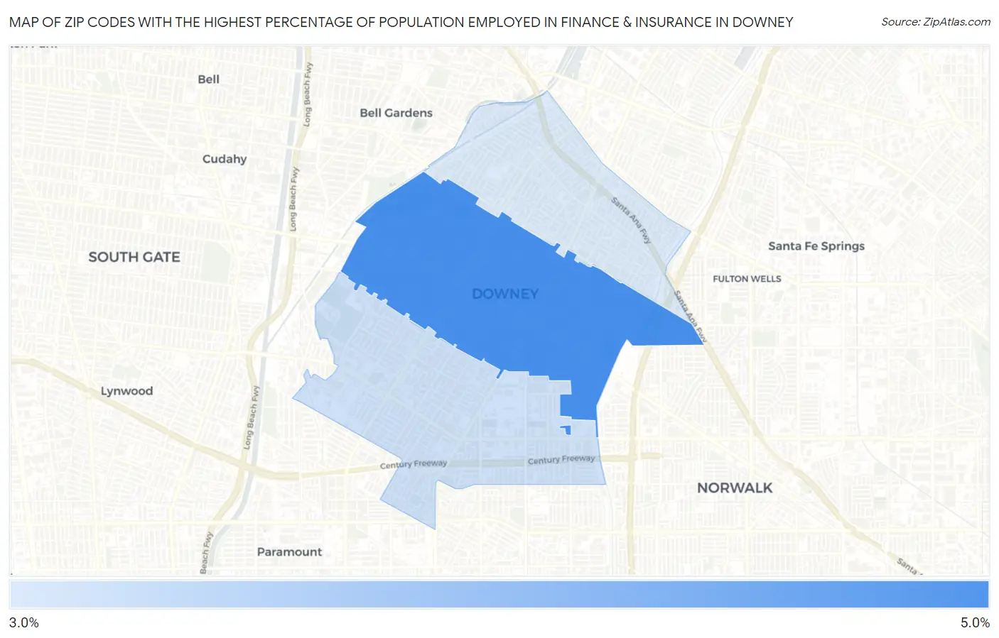 Zip Codes with the Highest Percentage of Population Employed in Finance & Insurance in Downey Map