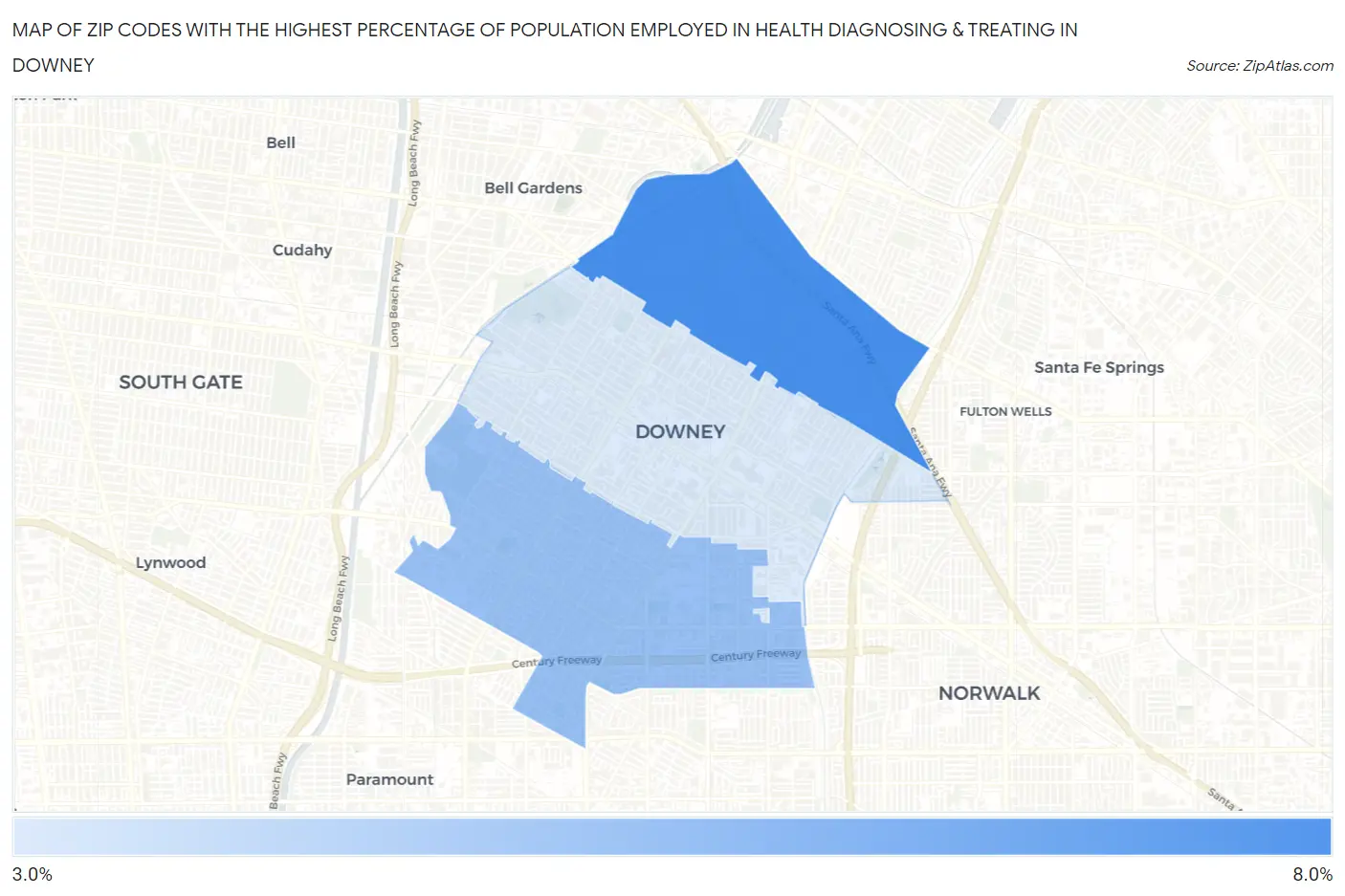 Zip Codes with the Highest Percentage of Population Employed in Health Diagnosing & Treating in Downey Map