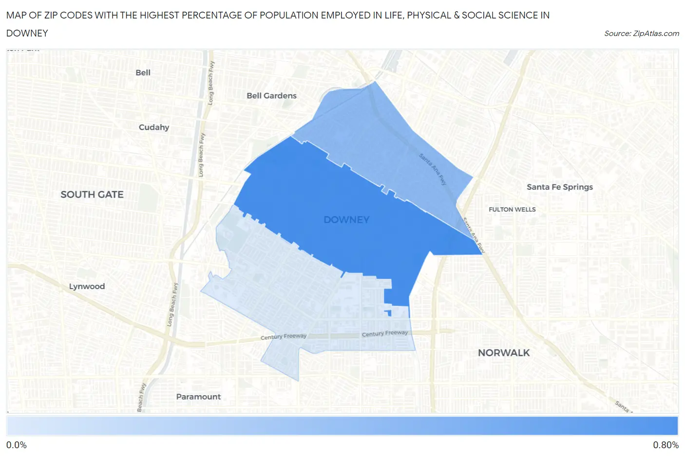 Zip Codes with the Highest Percentage of Population Employed in Life, Physical & Social Science in Downey Map
