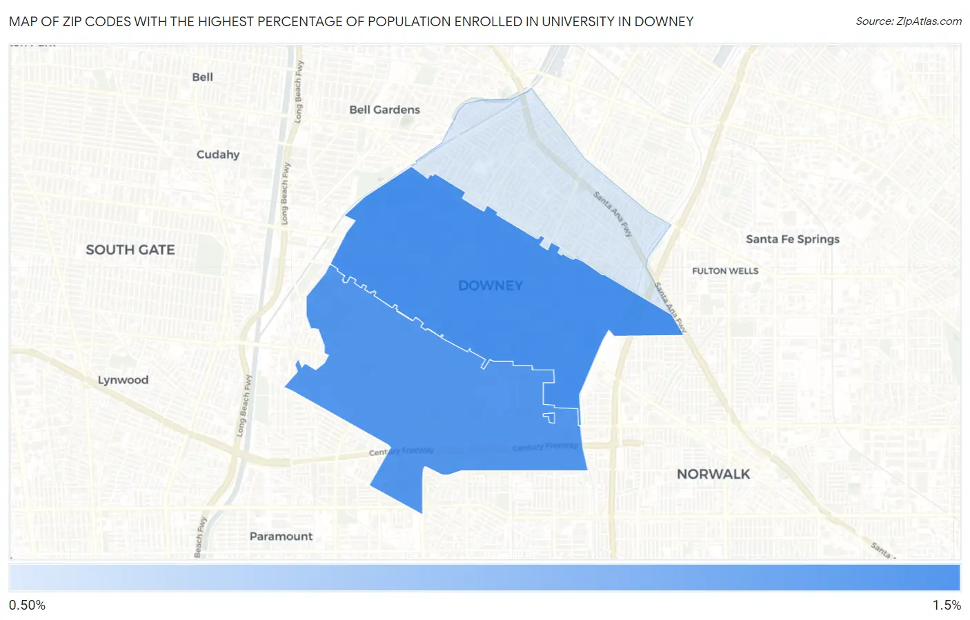 Zip Codes with the Highest Percentage of Population Enrolled in University in Downey Map