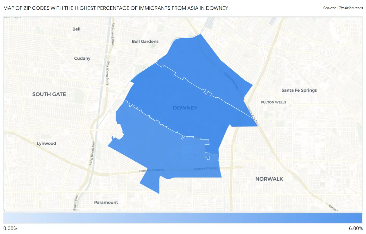 Zip Codes with the Highest Percentage of Immigrants from Asia in Downey Map