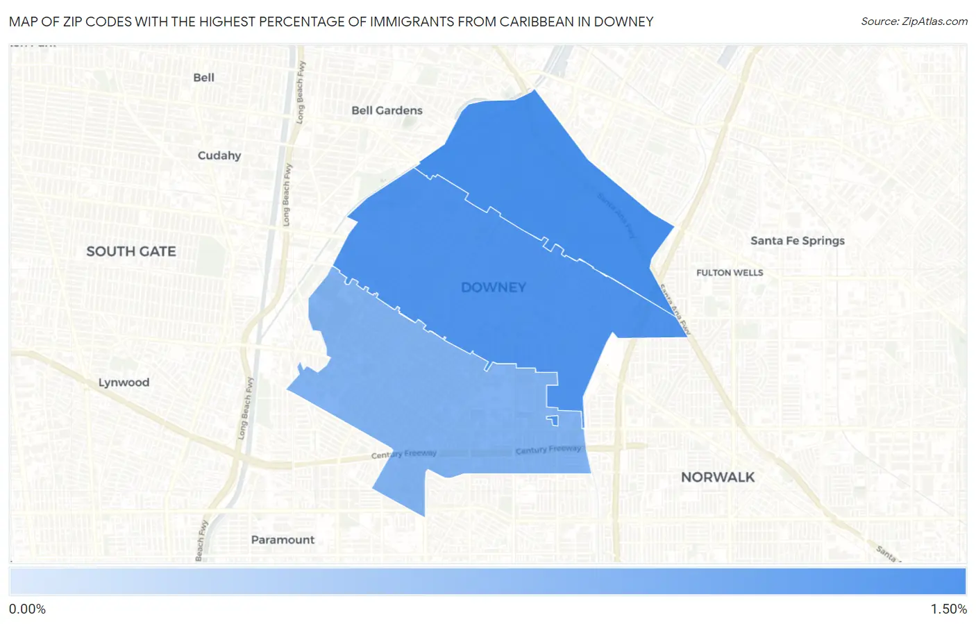 Zip Codes with the Highest Percentage of Immigrants from Caribbean in Downey Map