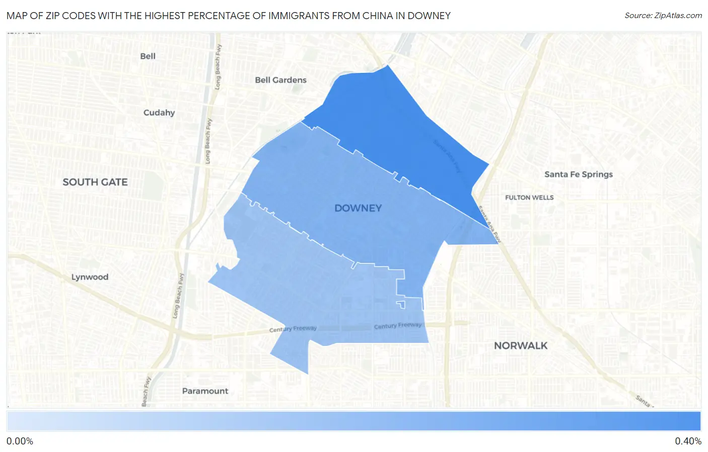 Zip Codes with the Highest Percentage of Immigrants from China in Downey Map