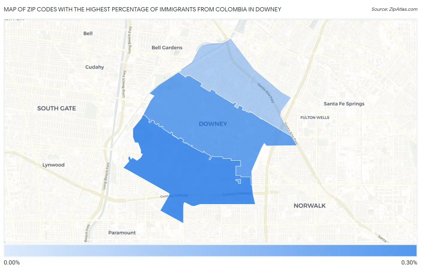 Zip Codes with the Highest Percentage of Immigrants from Colombia in Downey Map