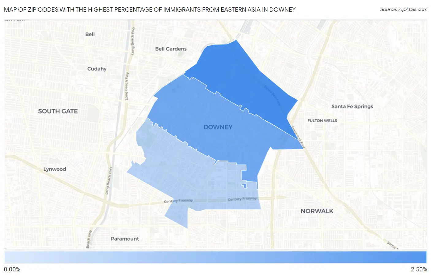 Zip Codes with the Highest Percentage of Immigrants from Eastern Asia in Downey Map
