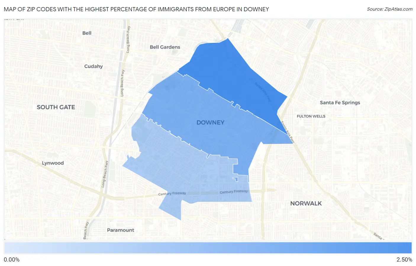Zip Codes with the Highest Percentage of Immigrants from Europe in Downey Map