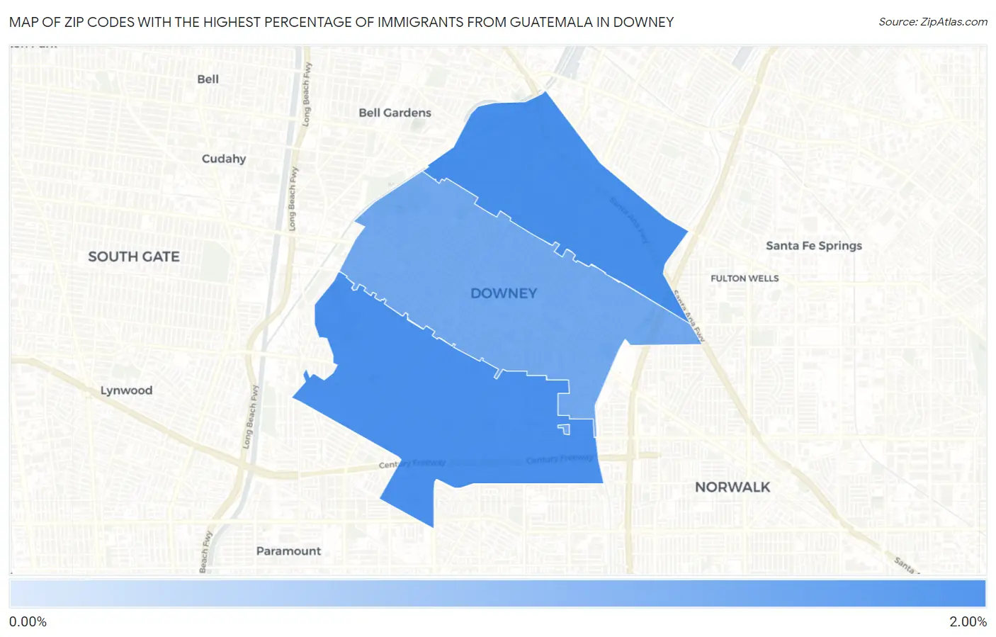 Zip Codes with the Highest Percentage of Immigrants from Guatemala in Downey Map