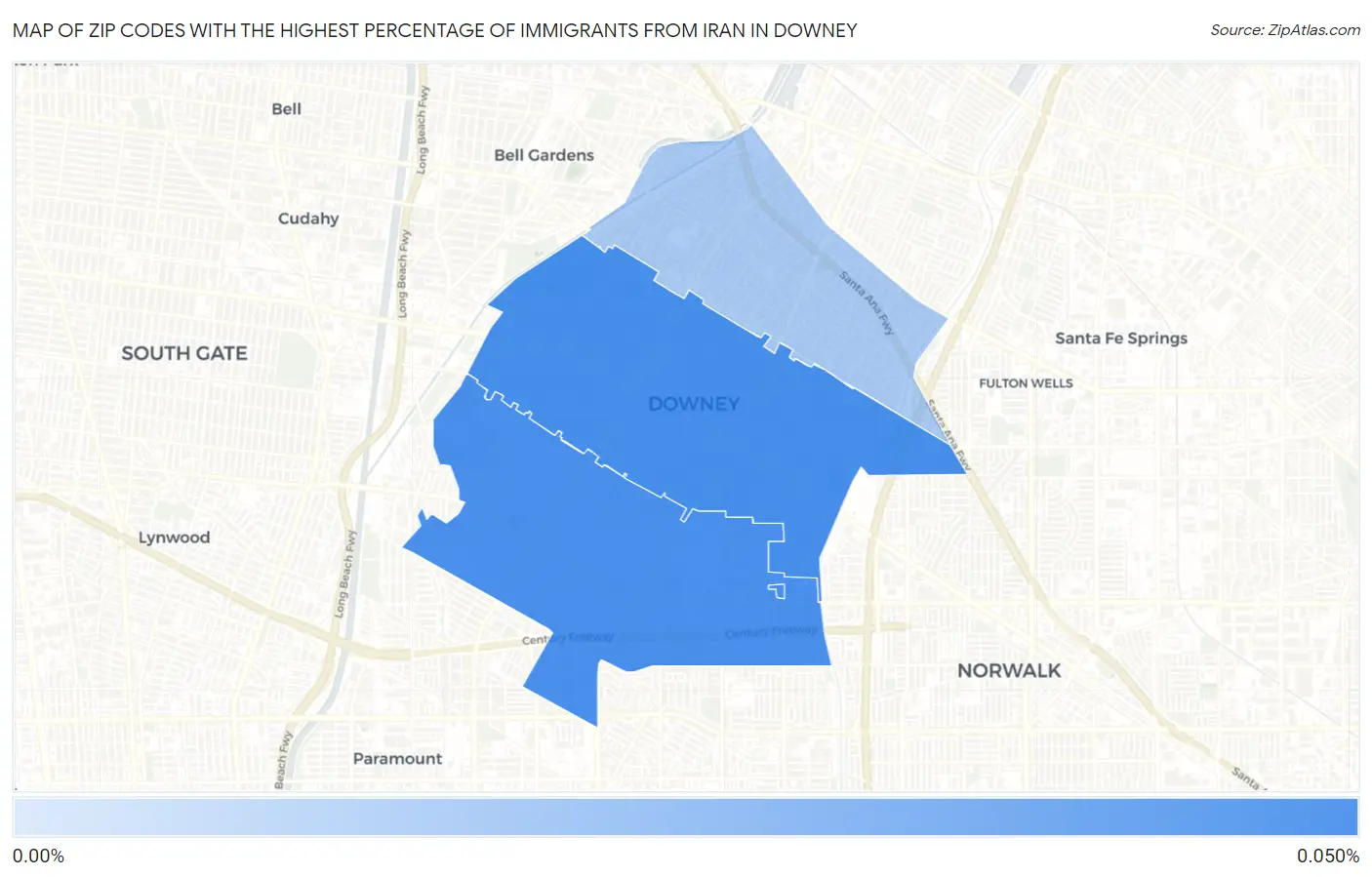 Zip Codes with the Highest Percentage of Immigrants from Iran in Downey Map