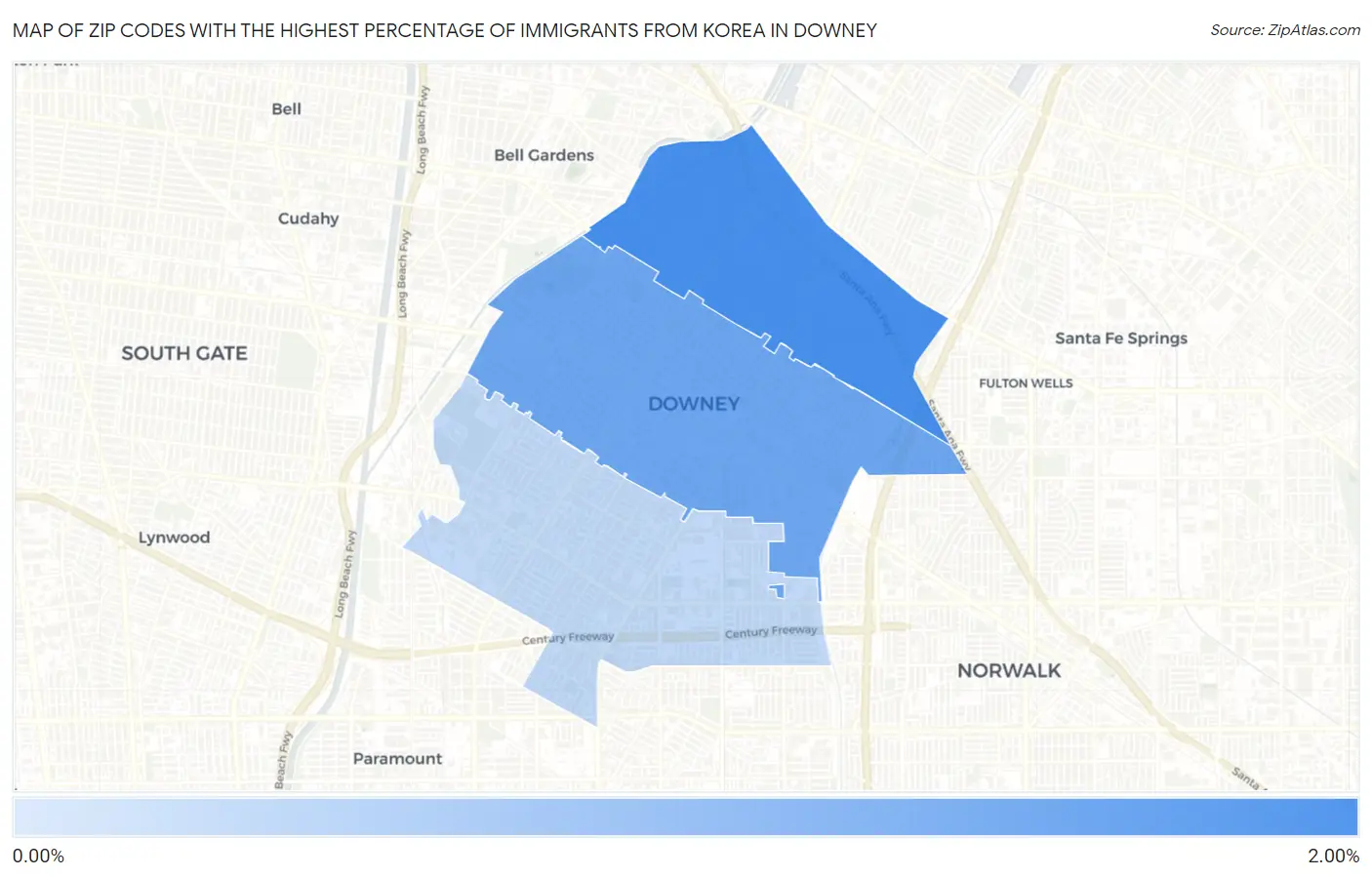 Zip Codes with the Highest Percentage of Immigrants from Korea in Downey Map