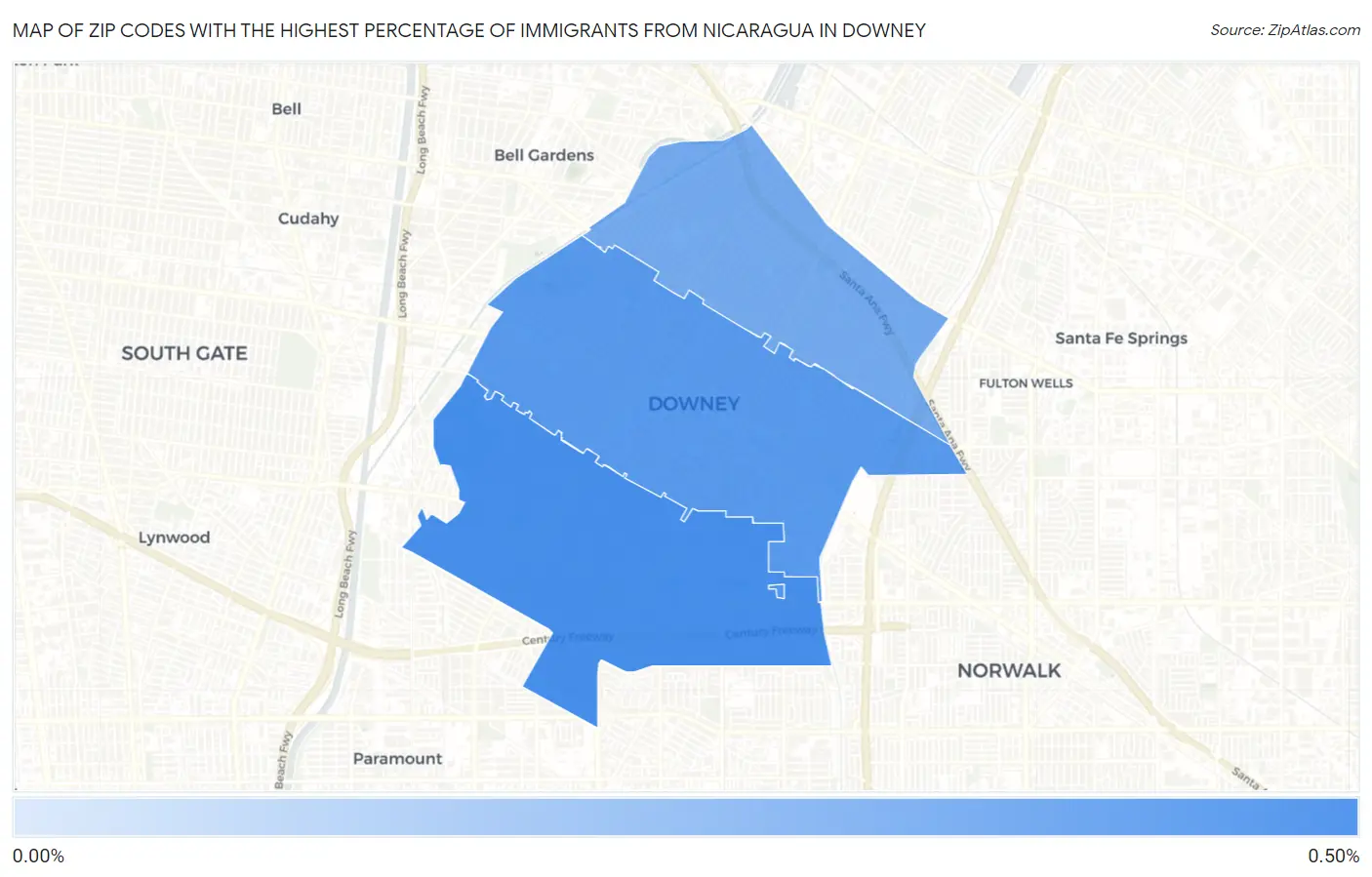 Zip Codes with the Highest Percentage of Immigrants from Nicaragua in Downey Map
