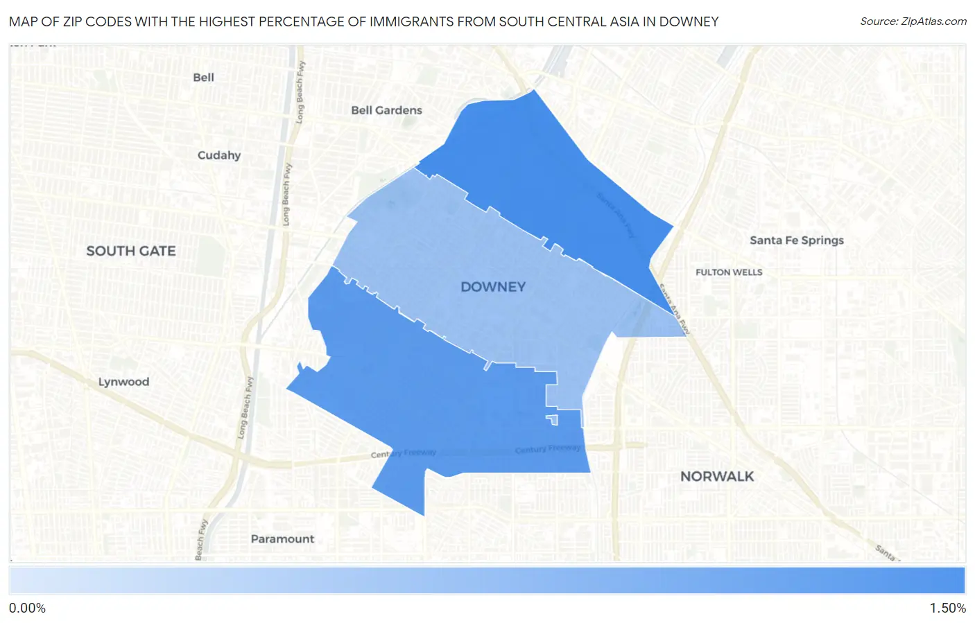 Zip Codes with the Highest Percentage of Immigrants from South Central Asia in Downey Map