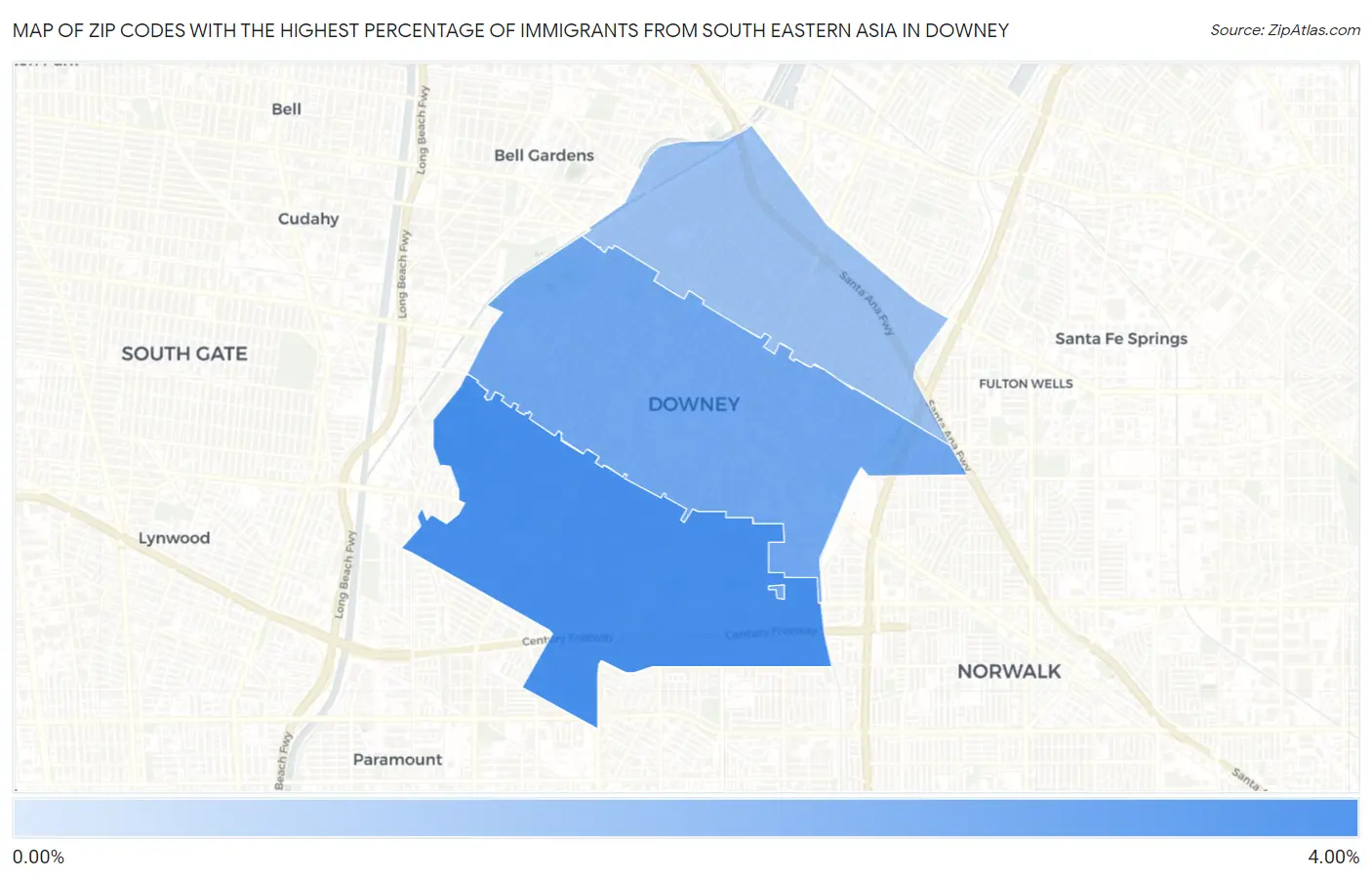Zip Codes with the Highest Percentage of Immigrants from South Eastern Asia in Downey Map