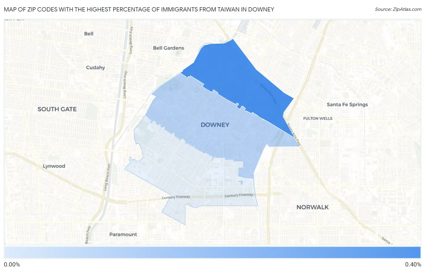 Zip Codes with the Highest Percentage of Immigrants from Taiwan in Downey Map