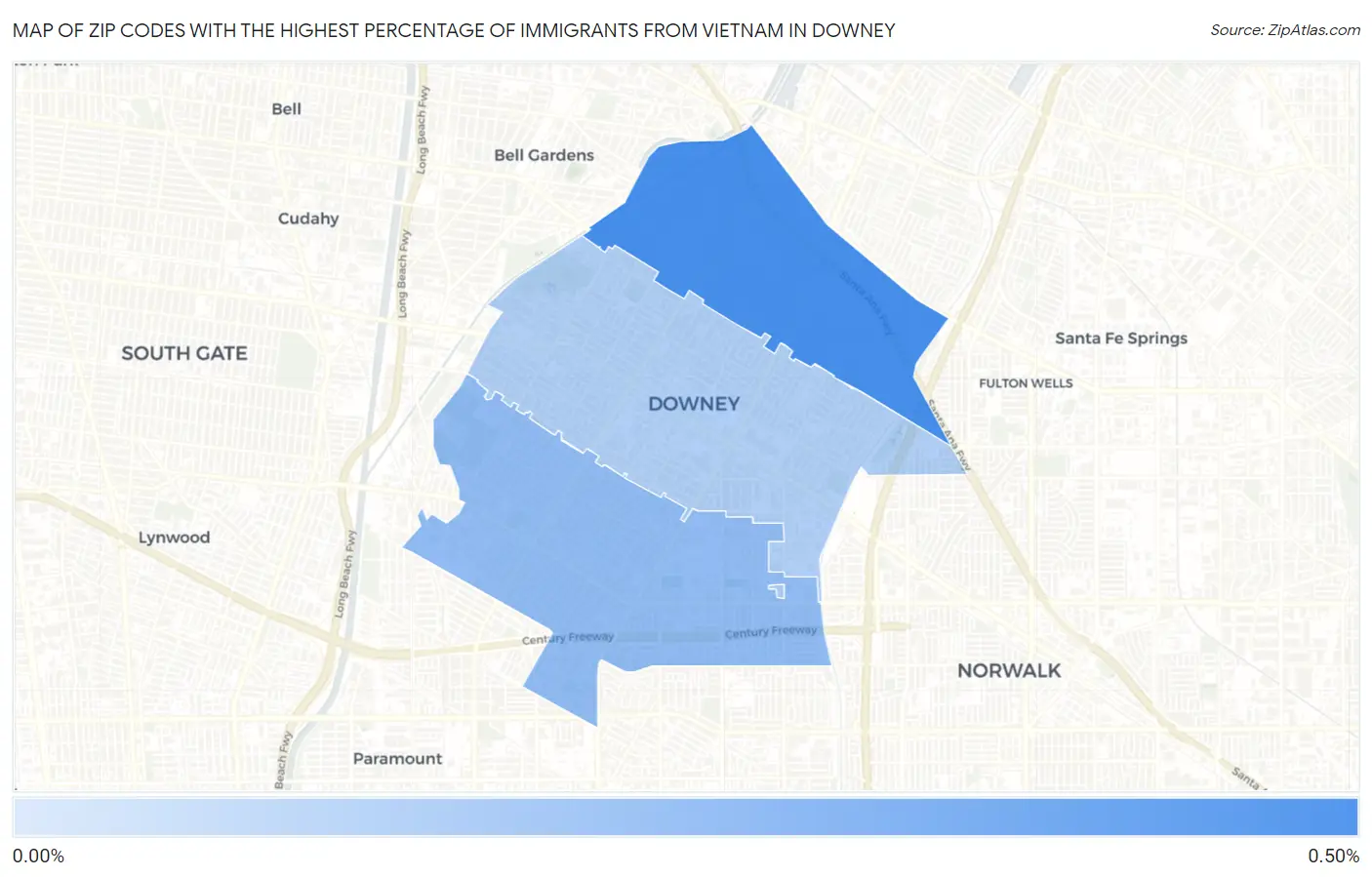 Zip Codes with the Highest Percentage of Immigrants from Vietnam in Downey Map