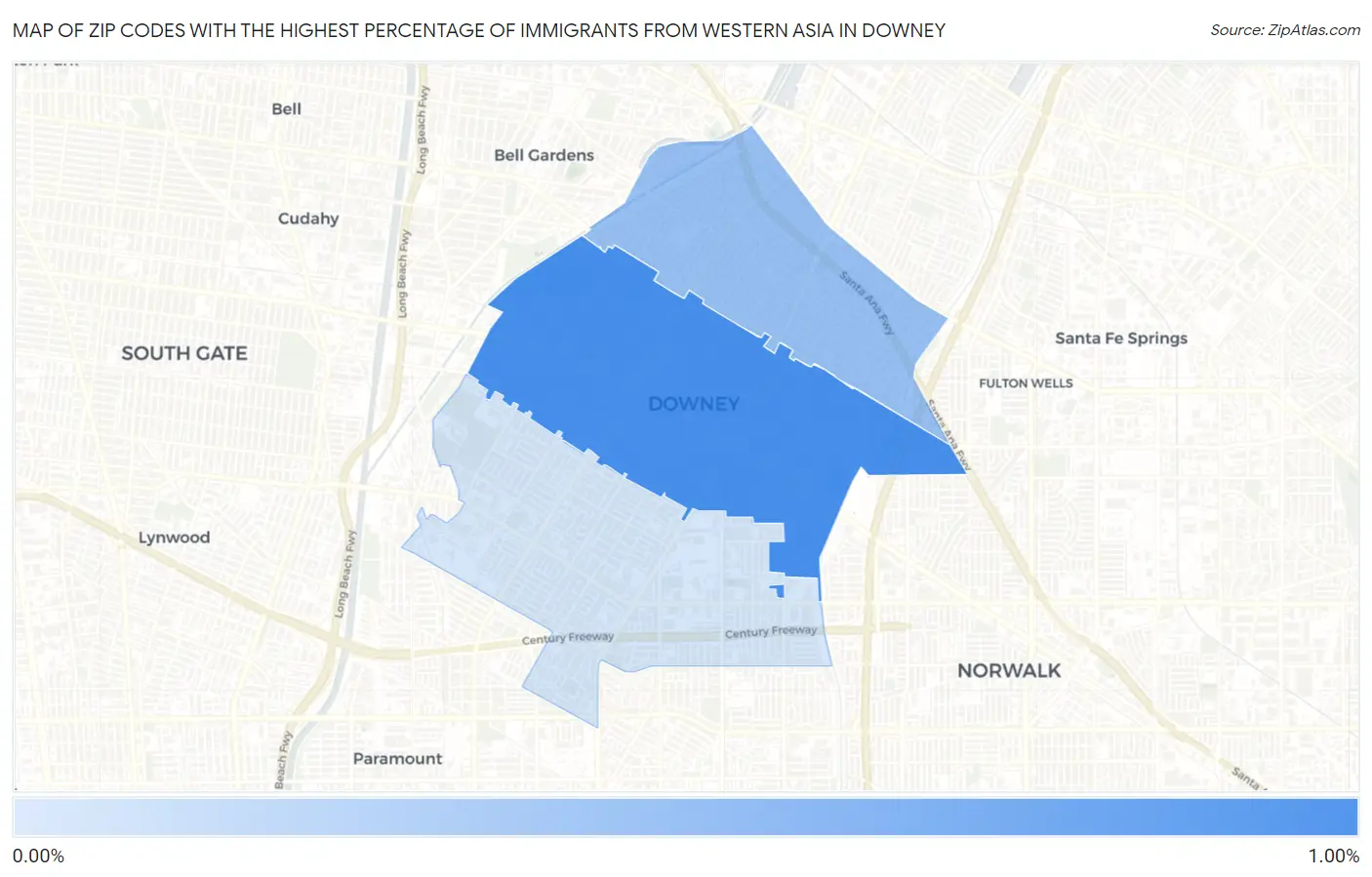Zip Codes with the Highest Percentage of Immigrants from Western Asia in Downey Map