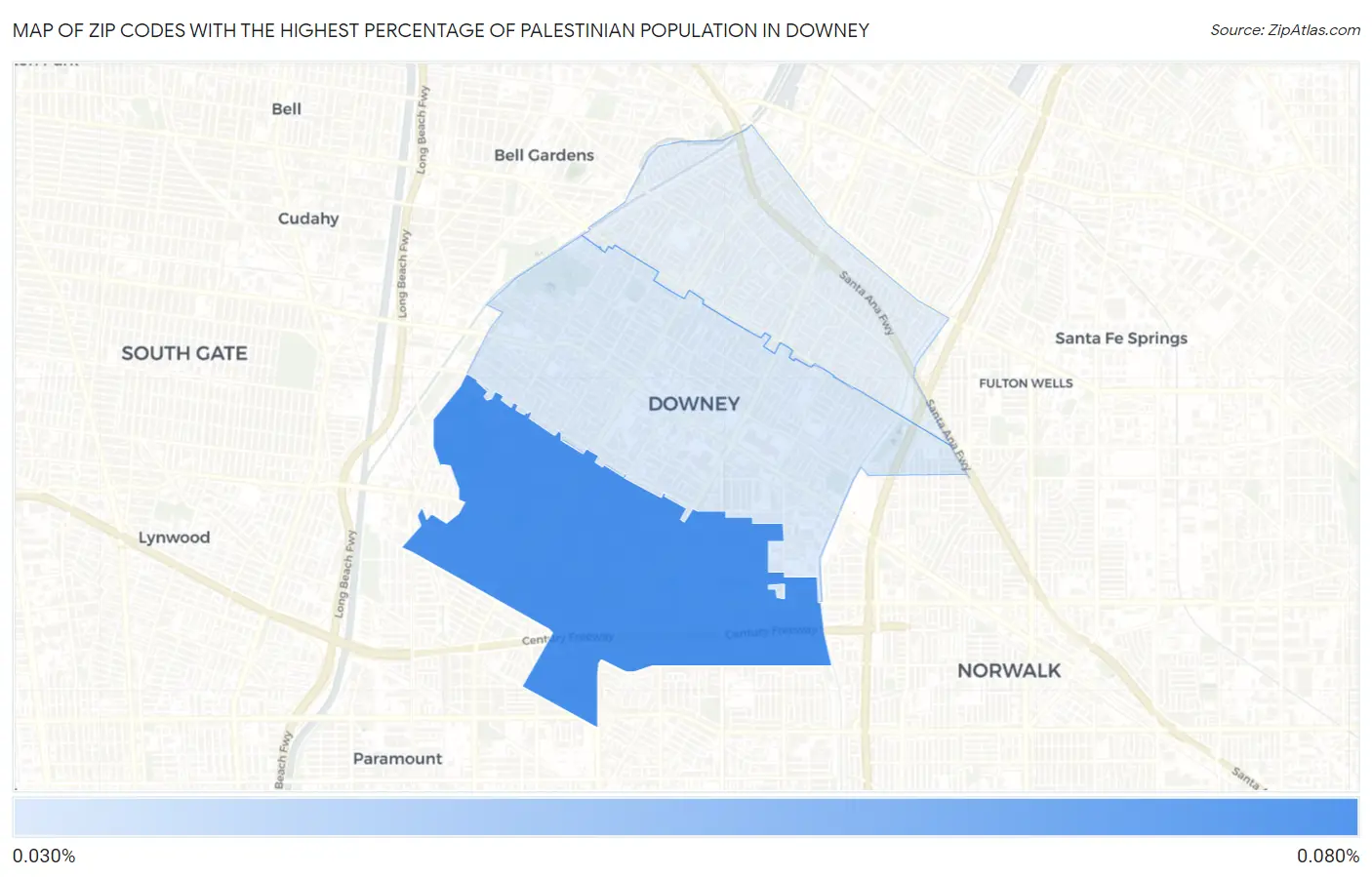 Zip Codes with the Highest Percentage of Palestinian Population in Downey Map