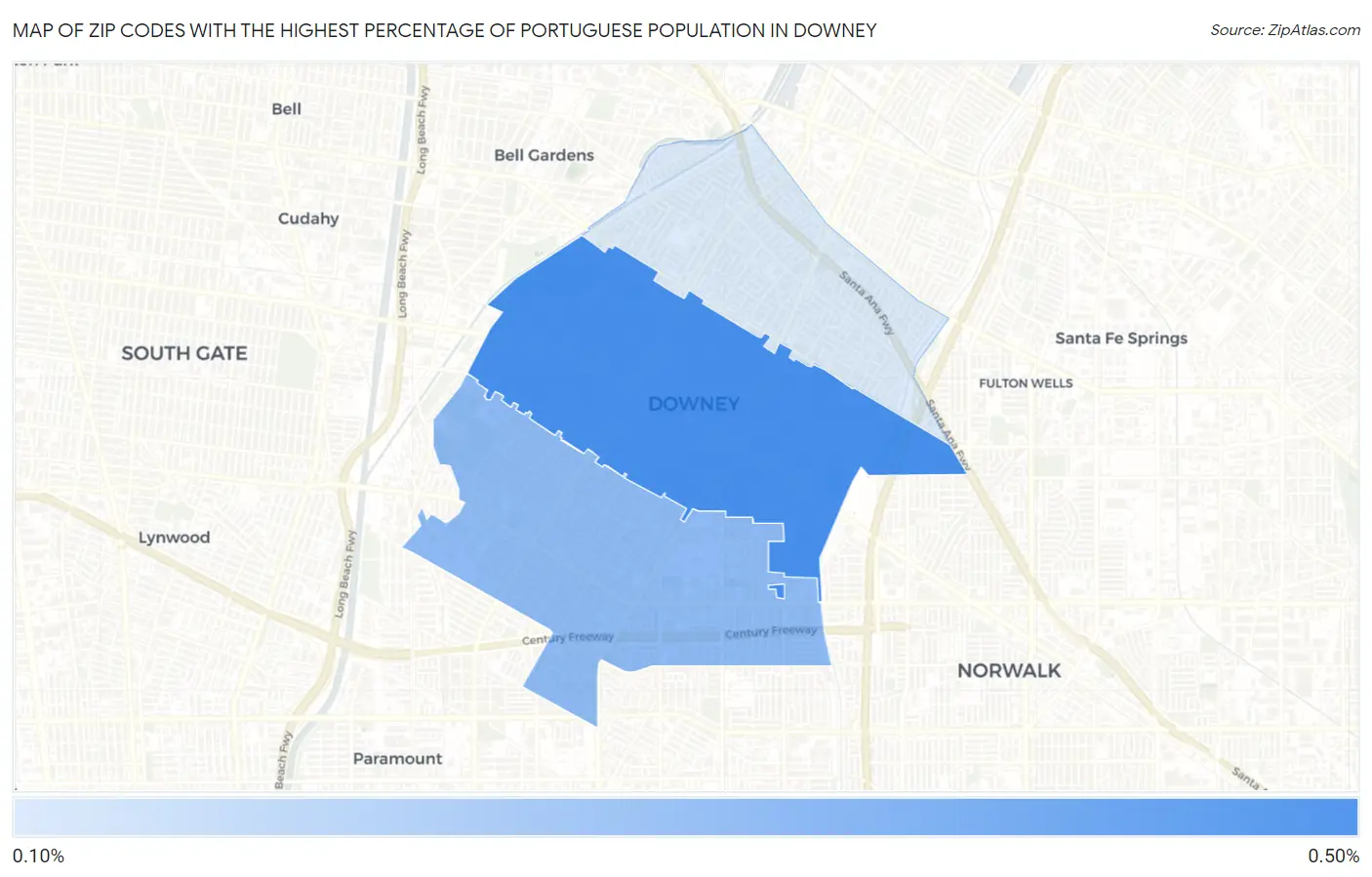 Zip Codes with the Highest Percentage of Portuguese Population in Downey Map