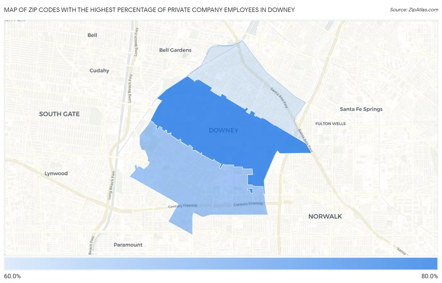 Zip Codes with the Highest Percentage of Private Company Employees in Downey Map
