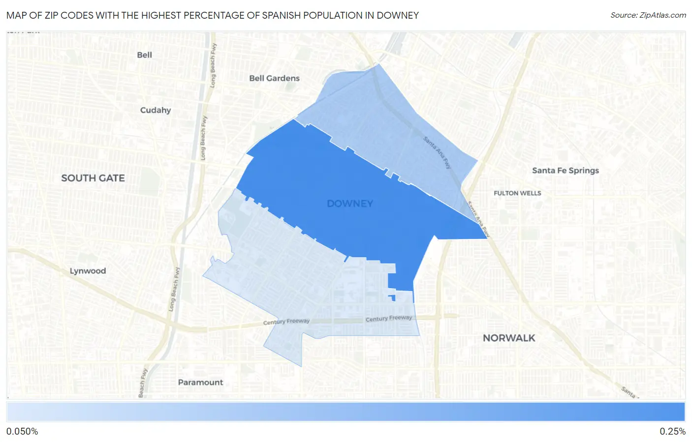 Zip Codes with the Highest Percentage of Spanish Population in Downey Map
