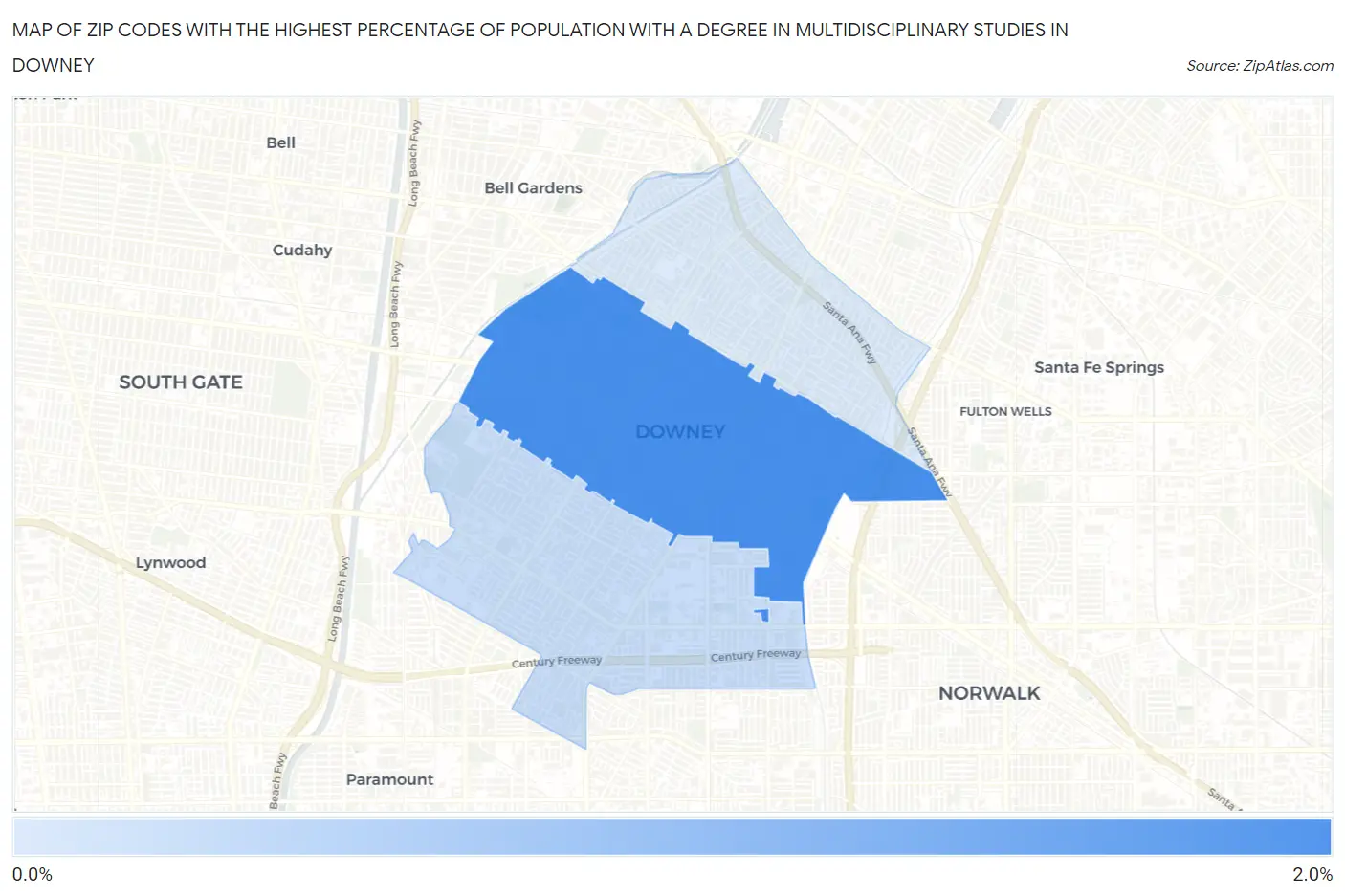 Zip Codes with the Highest Percentage of Population with a Degree in Multidisciplinary Studies in Downey Map