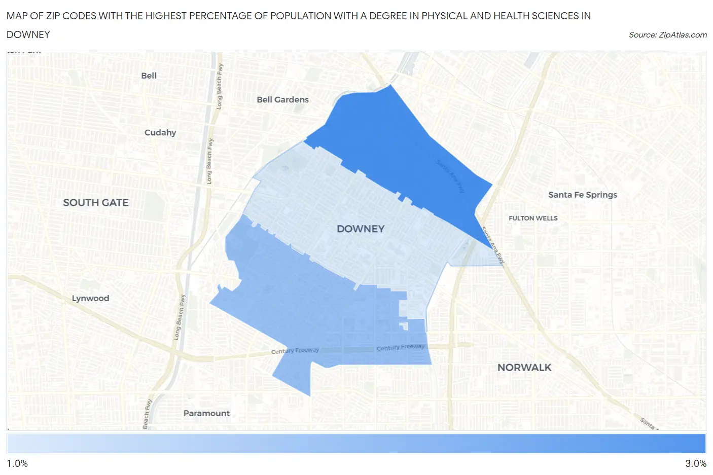 Zip Codes with the Highest Percentage of Population with a Degree in Physical and Health Sciences in Downey Map