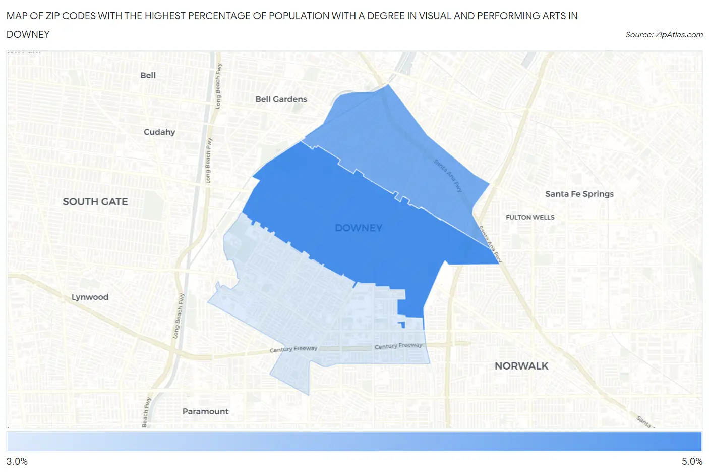 Zip Codes with the Highest Percentage of Population with a Degree in Visual and Performing Arts in Downey Map