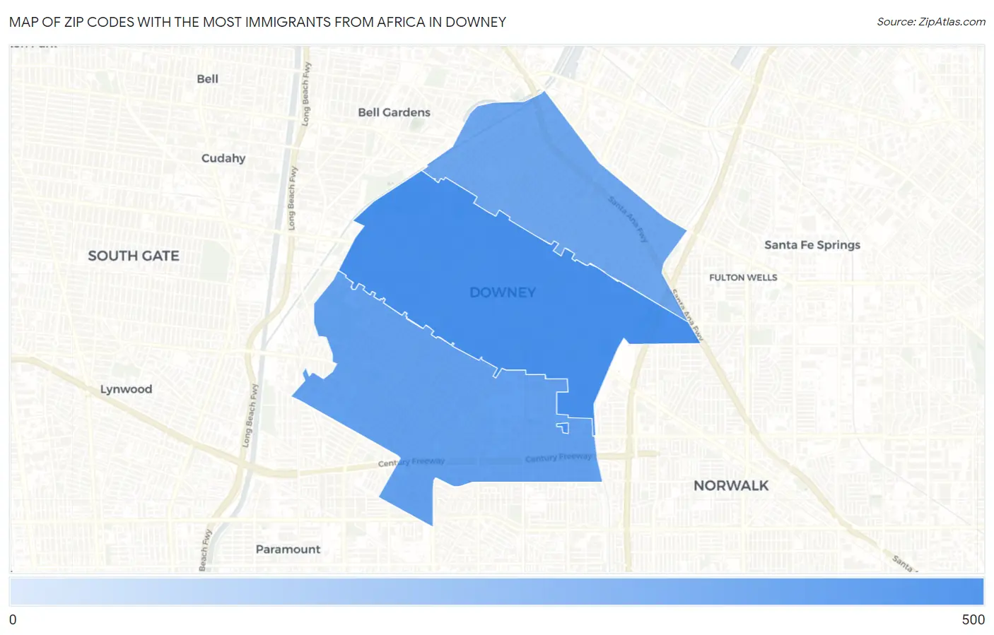 Zip Codes with the Most Immigrants from Africa in Downey Map