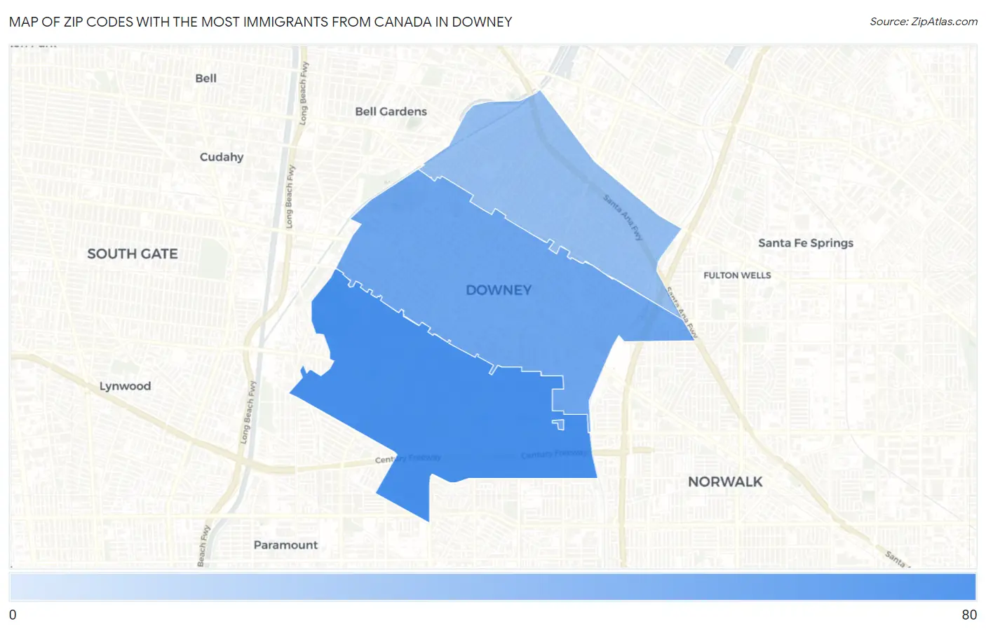Zip Codes with the Most Immigrants from Canada in Downey Map