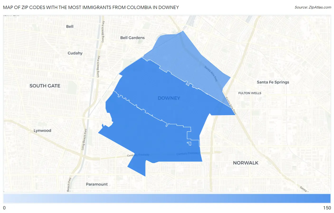Zip Codes with the Most Immigrants from Colombia in Downey Map