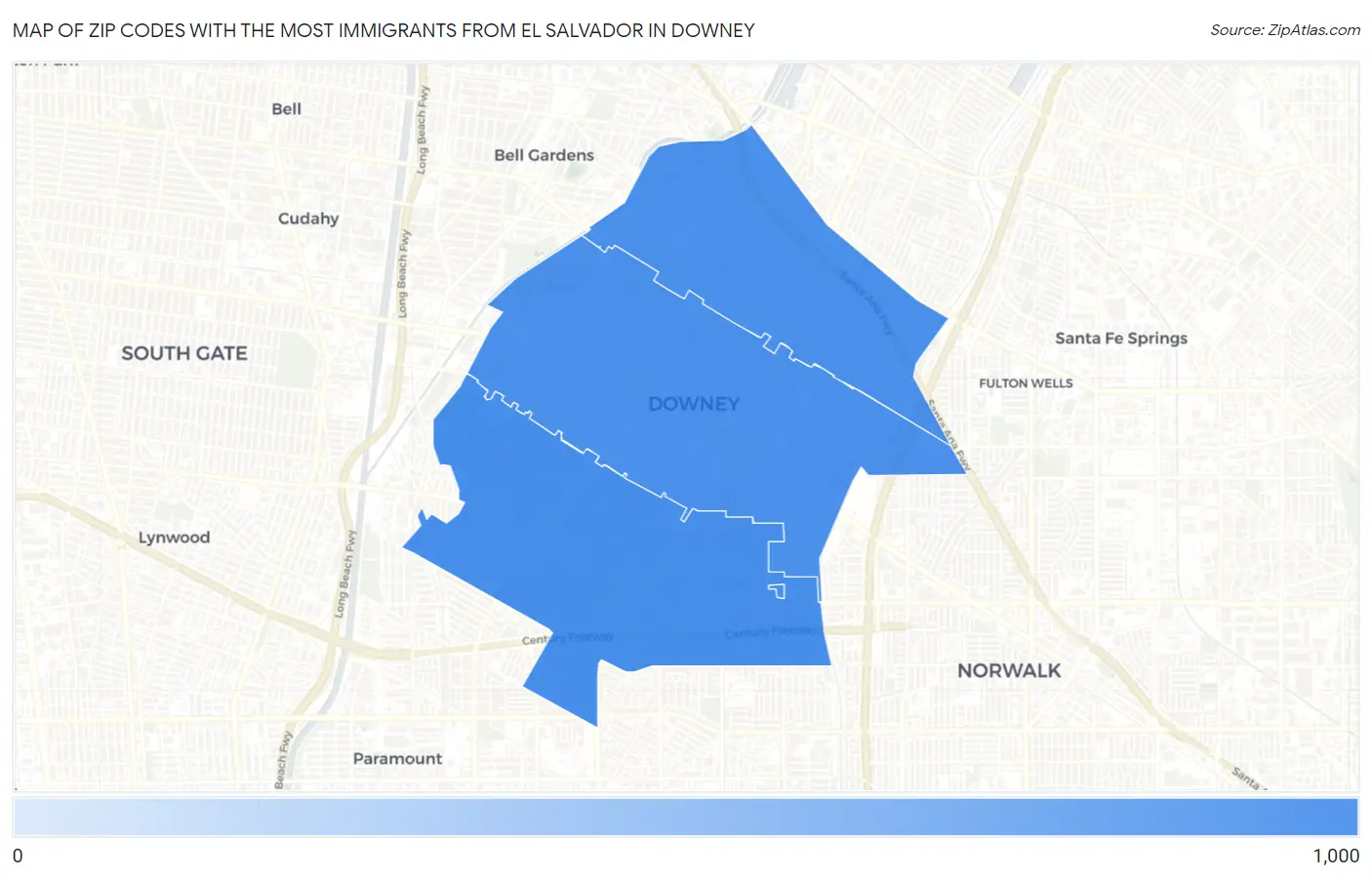 Zip Codes with the Most Immigrants from El Salvador in Downey Map