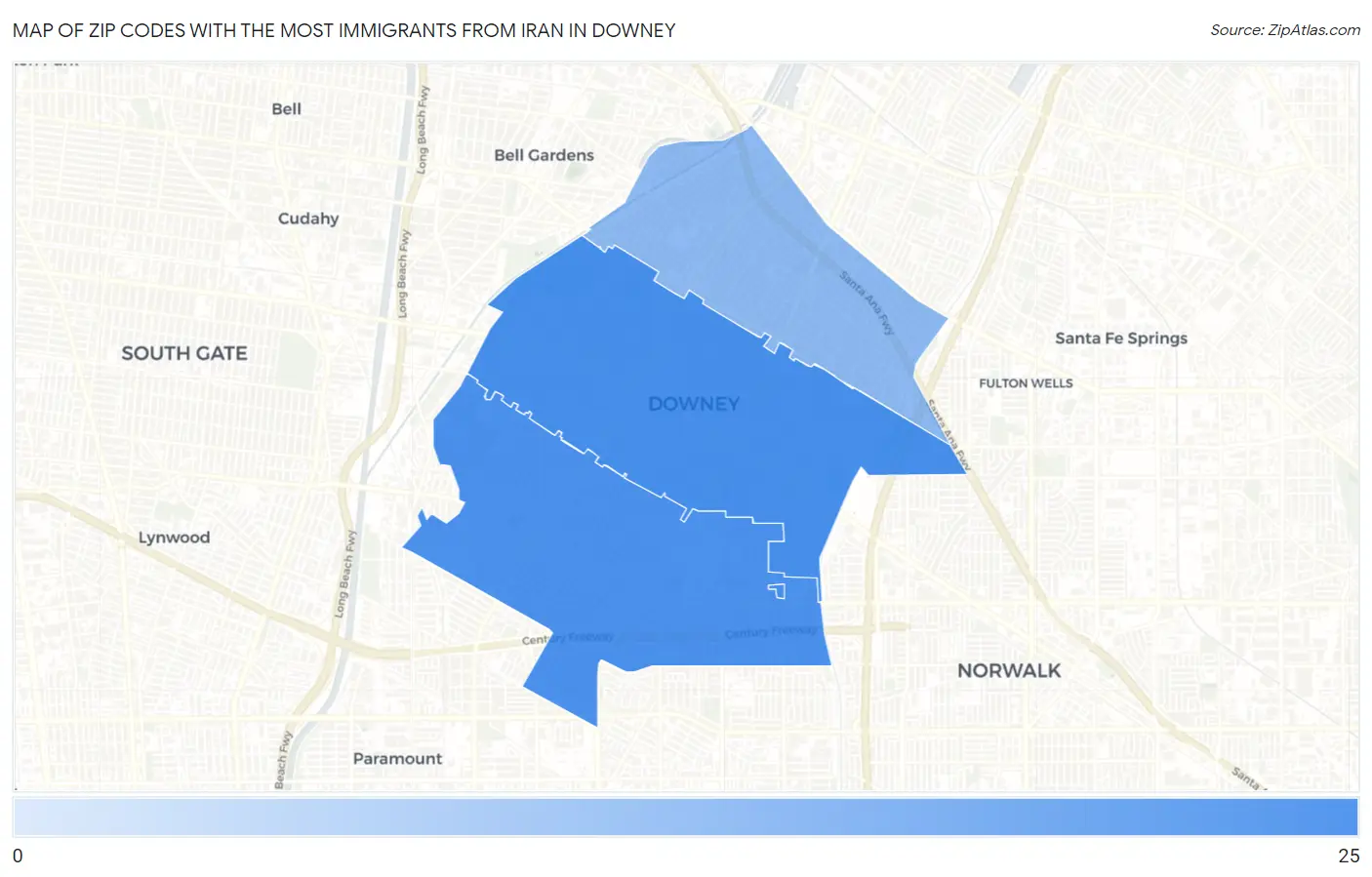 Zip Codes with the Most Immigrants from Iran in Downey Map