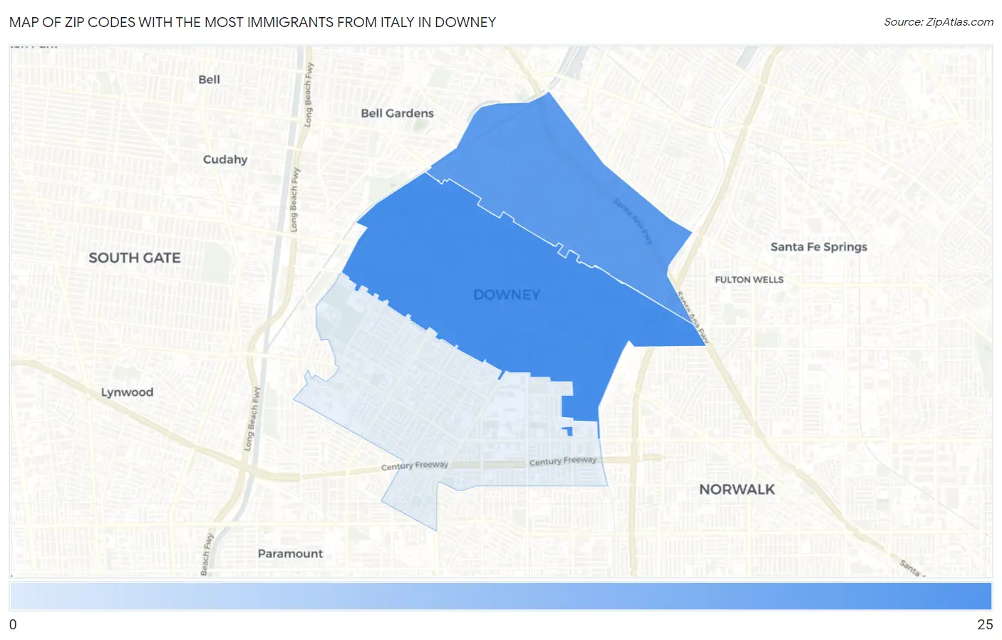 Zip Codes with the Most Immigrants from Italy in Downey Map