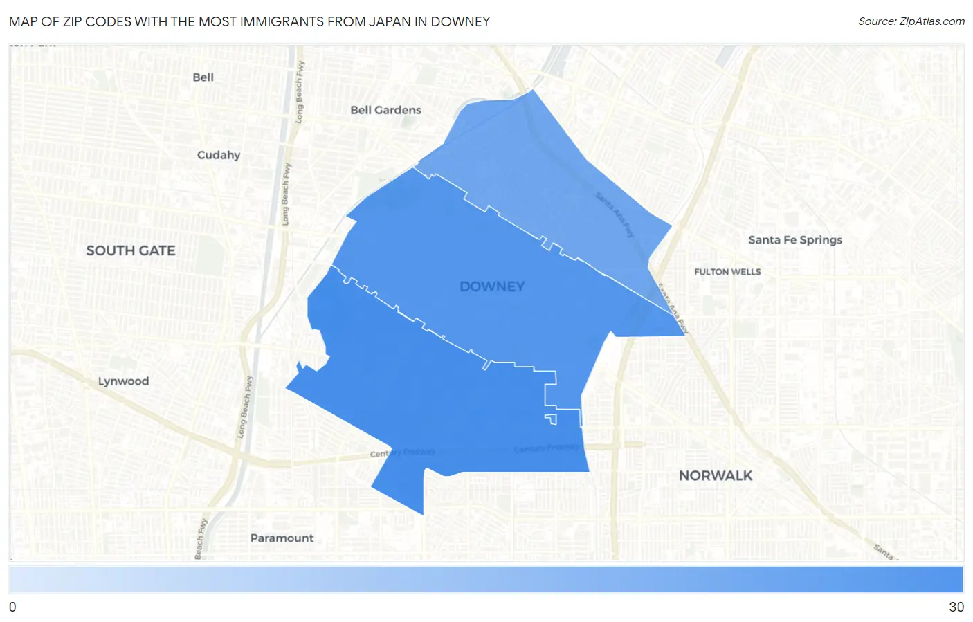 Zip Codes with the Most Immigrants from Japan in Downey Map